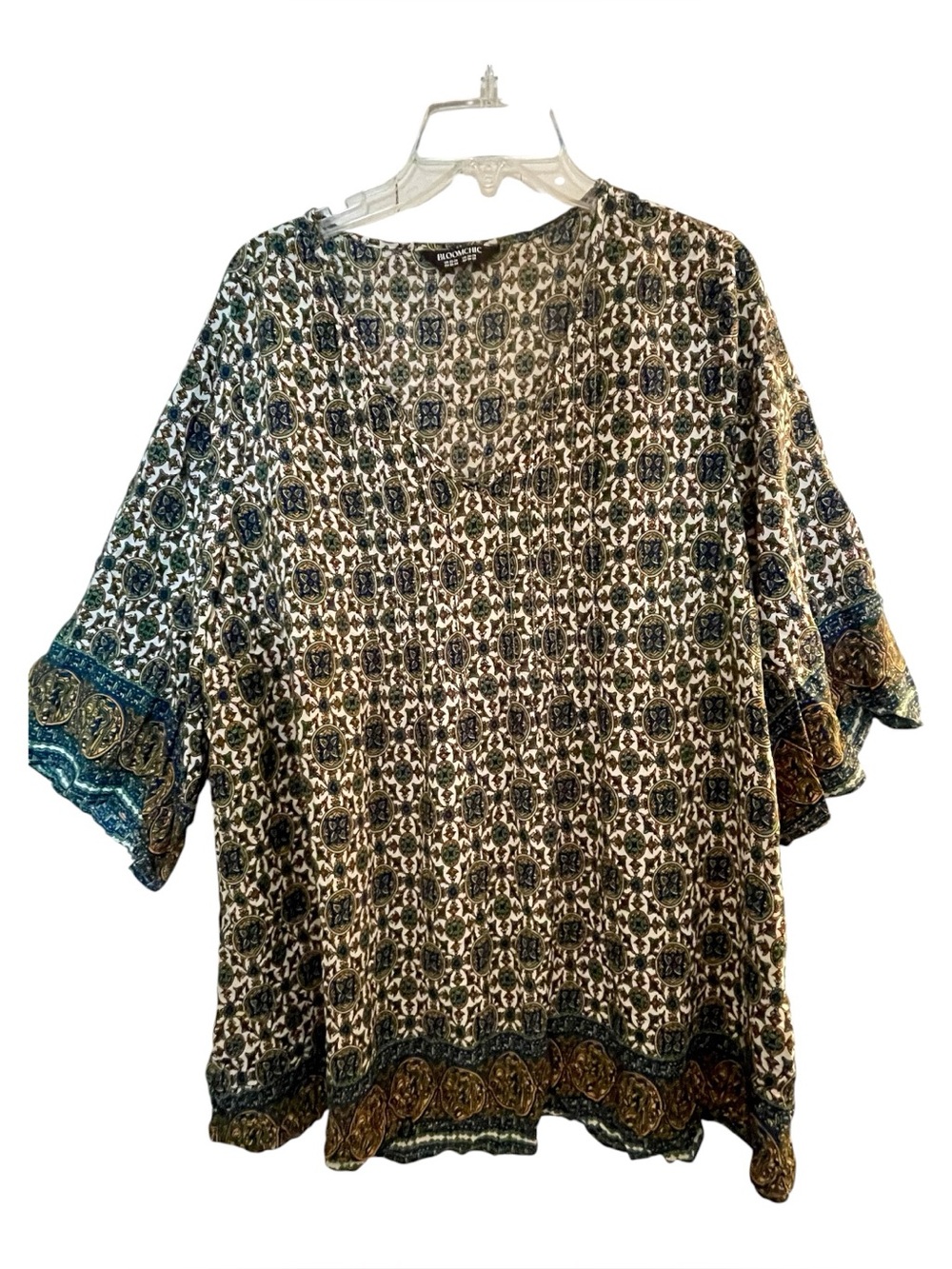 BloomChic Boho Printed V-Neck Peasant Top in Teal & Olive 3X - Picture 6 of 6